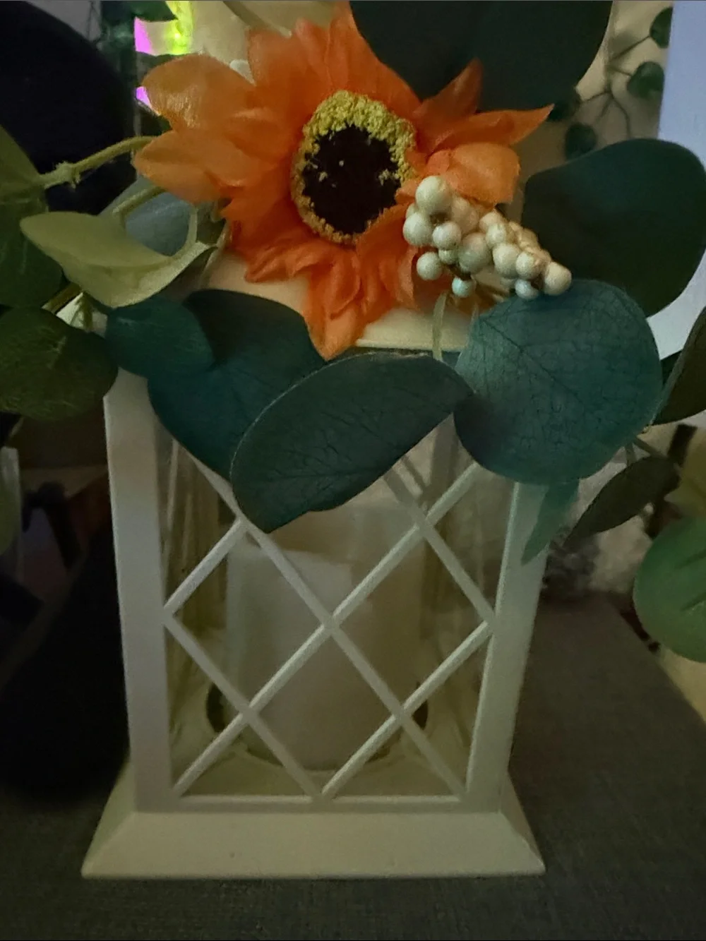 Orange Sunflower Faux Floral Lantern Accent - Home Accents